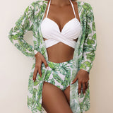 Modest 3 PCS White Floral Swimsuit Push up High Waist Swimwear Cover Up Set