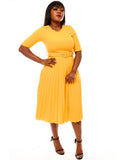 Short Sleeve Solid Color Pleated Midi Dresses with Belt Loveclb