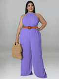 Sleeveless Halter Wide Leg Jumpsuit With Belt Loveclb