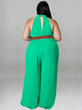 Sleeveless Halter Wide Leg Jumpsuit With Belt Loveclb