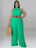 Sleeveless Halter Wide Leg Jumpsuit With Belt Loveclb