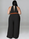 Sleeveless Halter Wide Leg Jumpsuit With Belt Loveclb