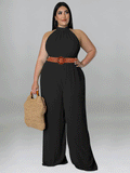 Sleeveless Halter Wide Leg Jumpsuit With Belt Loveclb