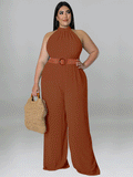 Sleeveless Halter Wide Leg Jumpsuit With Belt Loveclb