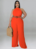 Sleeveless Halter Wide Leg Jumpsuit With Belt Loveclb