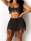 Sleeveless Hollow Out Tassel Crop Top & Skirts Loveclb