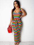 Sleeveless Rainbow Stripe Print Tie Bodycon Tank Dresses Loveclb