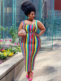 Sleeveless Striped Color Block Maxi Dresses with Belt