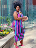 Sleeveless Striped Color Block Maxi Dresses with Belt Loveclb