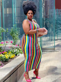 Sleeveless Striped Color Block Maxi Dresses with Belt Loveclb