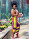 Sleeveless Striped Color Block Maxi Dresses with Belt Loveclb