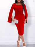 Split Sleeves Beads Ruched Midi Dresses Loveclb