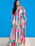 Striped Printed V Neck Maxi Dresses Loveclb