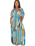 Striped Printed V Neck Maxi Dresses Loveclb