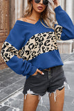 Leopard Splice Contrast V-neck Sweater(5 Colors)