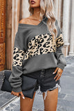 Leopard Splice Contrast V-neck Sweater(5 Colors)