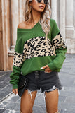 Leopard Splice Contrast V-neck Sweater(5 Colors)