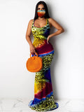 Tie Dye Leopard Print Square Neck Sleeveless Maxi Dress Loveclb