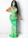 Tie Dye Leopard Print Square Neck Sleeveless Maxi Dress Loveclb