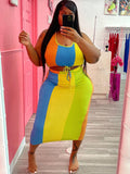 Two Piece Color Block Tank Top & Drawstring Skirts Loveclb