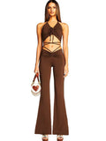 Two Piece Halter Drawstring Crop Top Wide Leg Pants Set Loveclb