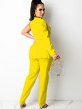 Two Piece One Shoulder Long Sleeve Blazer Belted Pants Suit Loveclb