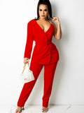 Two Piece One Shoulder Long Sleeve Blazer Belted Pants Suit