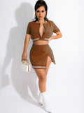 Two Piece Short Sleeve Crop Tops & Split Skirts Loveclb