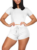 Two Pieces Solid Color Short Sleeve Crop Tops+Booty Shorts Loveclb