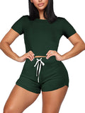 Two Pieces Solid Color Short Sleeve Crop Tops+Booty Shorts Loveclb