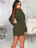 V Neck Long Sleeve Ruched Bodycon Midi Dresses Loveclb