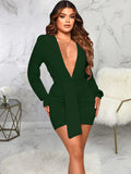 V Neck Long Sleeve Ruched Bodycon Midi Dresses Loveclb