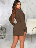 V Neck Long Sleeve Ruched Bodycon Midi Dresses Loveclb