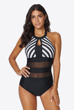 Striped Cutout Spliced Mesh Halter Neck DD+ swimwear One-Piece Swimsuit