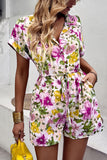 Floral Drawstring Lapel Collar Romper with Pockets Playsuit