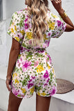 Floral Drawstring Lapel Collar Romper with Pockets Playsuit