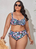 Sunset And Swim Plus Size Printed Drawstring Detail Bikini Set