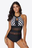 Striped Cutout Spliced Mesh Halter Neck DD+ swimwear One-Piece Swimsuit