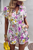 Floral Drawstring Lapel Collar Romper with Pockets Playsuit