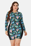 Gigi Plus Size Floral Zip Up  Long Sleeve Short Wetsuit Zip Up Swimsuit