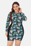 Gigi Plus Size Floral Zip Up  Long Sleeve Short Wetsuit Zip Up Swimsuit