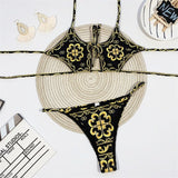 London Print Sexy Open Cut Out Hollow Out Golden Bikini