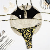 London Print Sexy Open Cut Out Hollow Out Golden Bikini