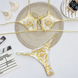 London Print Sexy Open Cut Out Hollow Out Golden Bikini