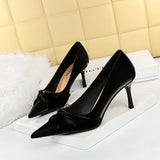 Bow-Pointed Toe Leather High Heel Pumps