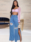 Denim Ripped Split Wide Leg Pants