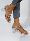 Rhinestone Patchwork Chunky Open Toe Heels