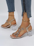 Rhinestone Patchwork Chunky Open Toe Heels