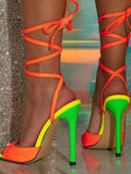 Colorful Fluorescent Tie Up Open Toe Heels