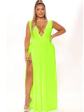 Plus Size V Neck Sleeveless Slit Maxi Dresses